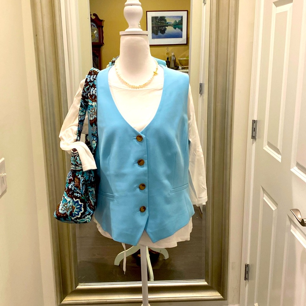 Talbots Turquoise Button Front suit Vest With adjustable back Size 16